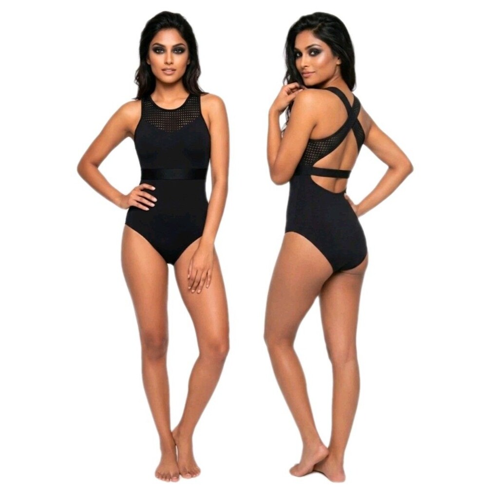 Aja VTG Strappy Crossback Belted Mesh Tank Leotard Black Women's AS Size S